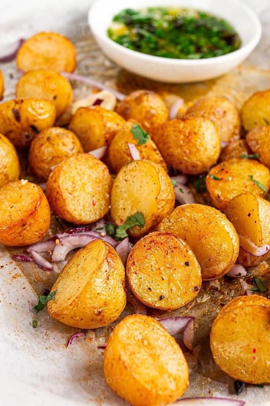 Roasted potatoes sit on a baking sheet next to chopped herbs and red onions. They are golden brown and ready to be served. Ingredients add color and flavor to the dish