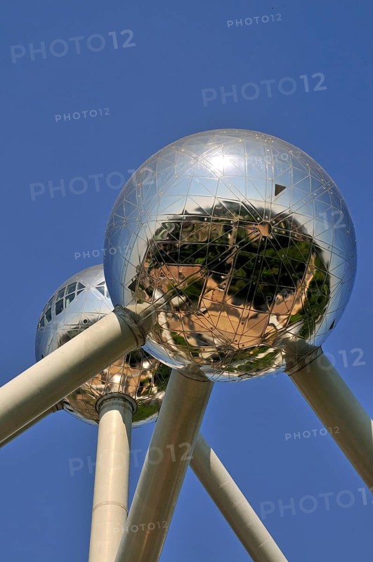 Atomium, built in 1958 for the World Exhibition, uses nine atoms to represent the body-centred cubic elementary cell of an iron crystal structure magnified 165 billion times, Brussels, Belgium