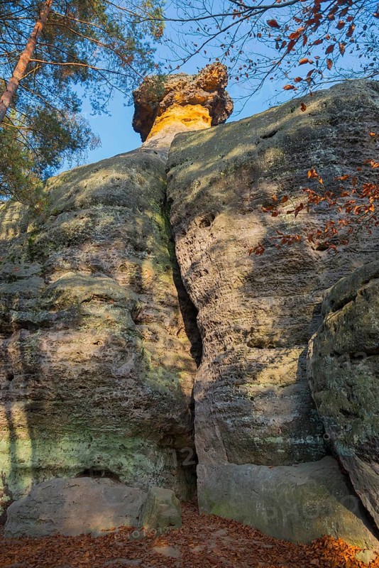 Rock formation seen from below in autumn forest with sunlight and blue sky, rock formation Kokorinske poklicky, Kokorínský dul nature reserve, sandstone formations, Daubian Switzerland, Okres Melník, Melnik, Central Bohemia, Czech Republic