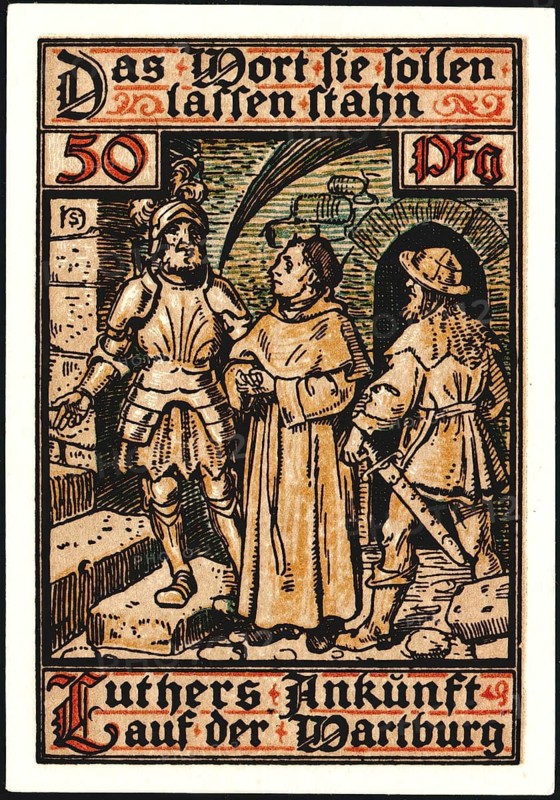 Banknote, banknote, emergency money, 50 Pfennig, Eisenach, Luther, 1921, Germany, reproduction of a historical banknote