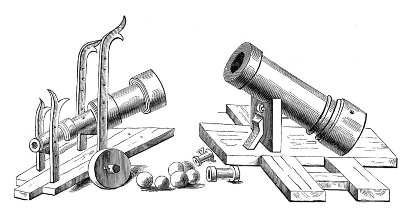 Muzzle-loading artillery, bombards with fixed and rolling carriages, 14th century