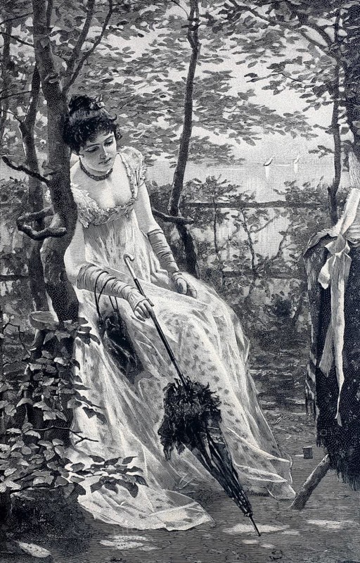 Young woman with umbrella sits in the park, sentimental, sad, around 1880, Germany, digital reproduction of an original 19th century, historical, A woman in an elegant dress holds an umbrella in the forest, in a nostalgic, black and white style