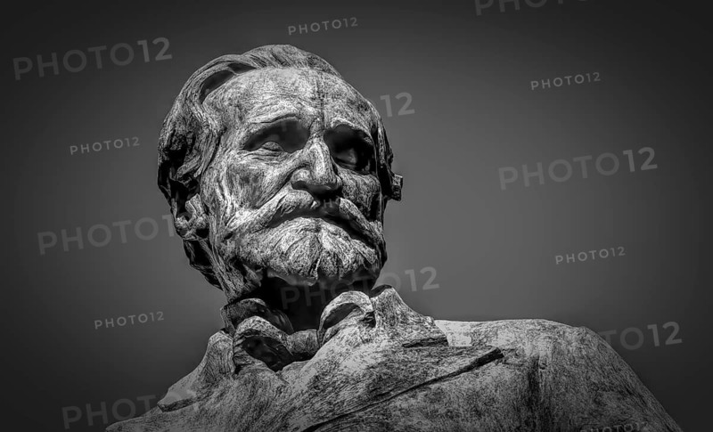 Verdi monument in front of Rocca dei Marchesi Pallavicino, Piazza Giuseppe Verdi, Busseto, Province of Parma, Emilia-Romagna, Italy, Europe, digitally edited