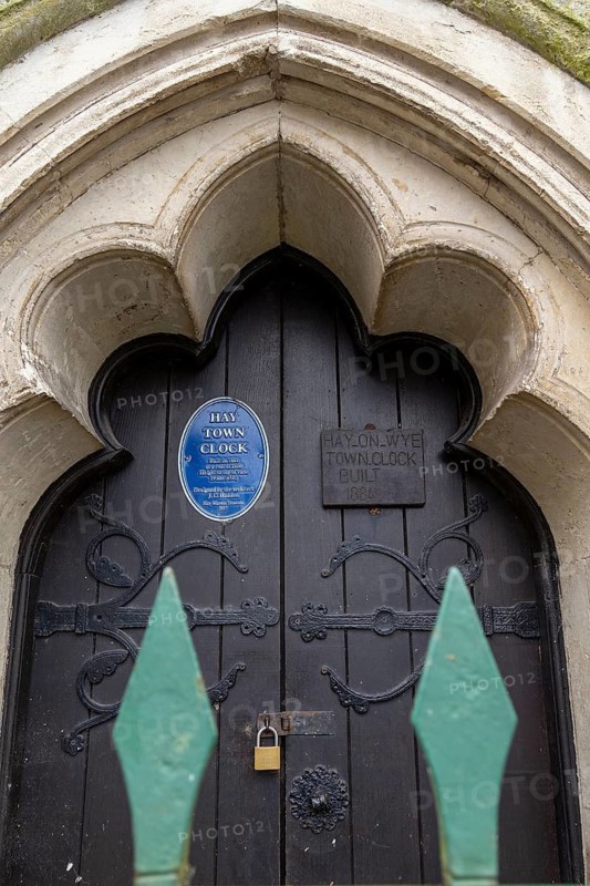 Entrance door, clock tower, Hay-on-Wye, Wales, Great Britain