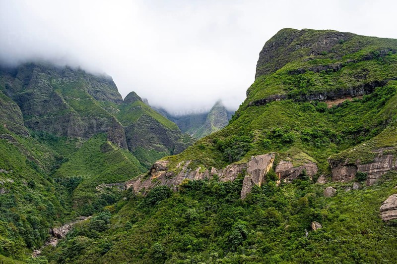 Landscape with mountains and fog, Drakensberg National Park, KwaZulu Natal, South Africa