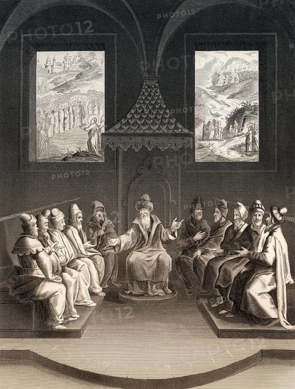 The Pharisees plan to kill Jesus Christ, New Testament, steel engraving 1853, digitally restored