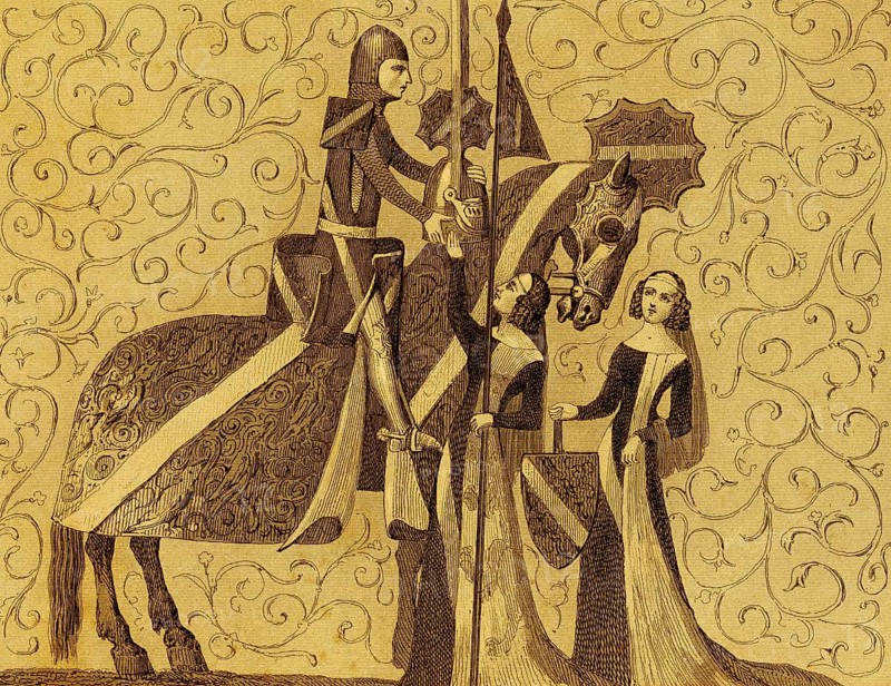 Knight says goodbye to a woman, warrior, war horse, rider, nobility, symbolic, two distinguished woman, armor, helmet, lance, coat of arms, Plantagenet period, 13th century Middle Ages, England, Great Britain, steel engraving, historical illustration 1842