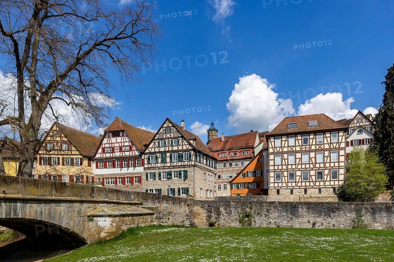 Steinerner Steg. Ensemble of buildings. City view of Schwäbisch Hall, Baden-Württemberg, Germany