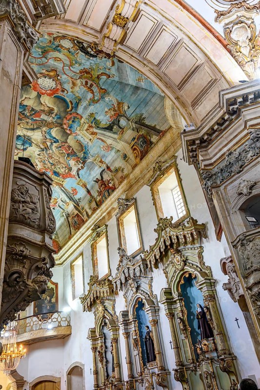 Historic Baroque cathedral architecture with its arches and frescoes in Ouro Preto, Ouro Preto, Minas Gerais, Brazil