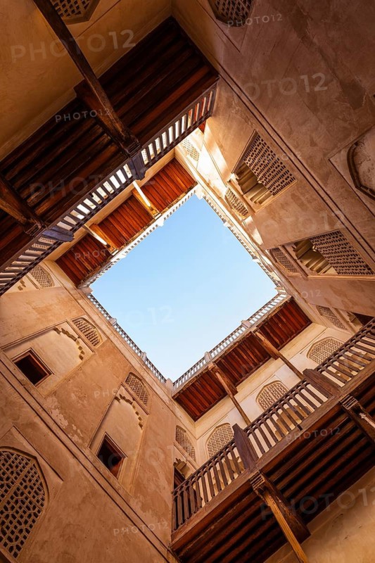 Inner courtyard of the Jabrin palace fortress, view upwards, Jabrin, near the town of Bahla, Arabian Peninsula, Sultanate of Oman