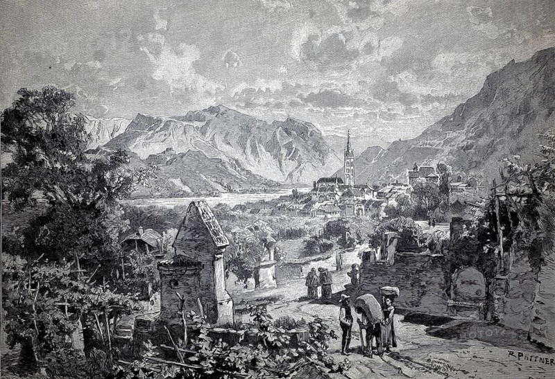 View of Kaltern and Lake Kaltern in South Tyrol, around 1890, Italy, illustration, reproduction from a model from the 19th century. Authentic, file restored for optimal use, exact date of original unknown, historical, mountain landscape with village in the foreground, church visible and picturesque nature