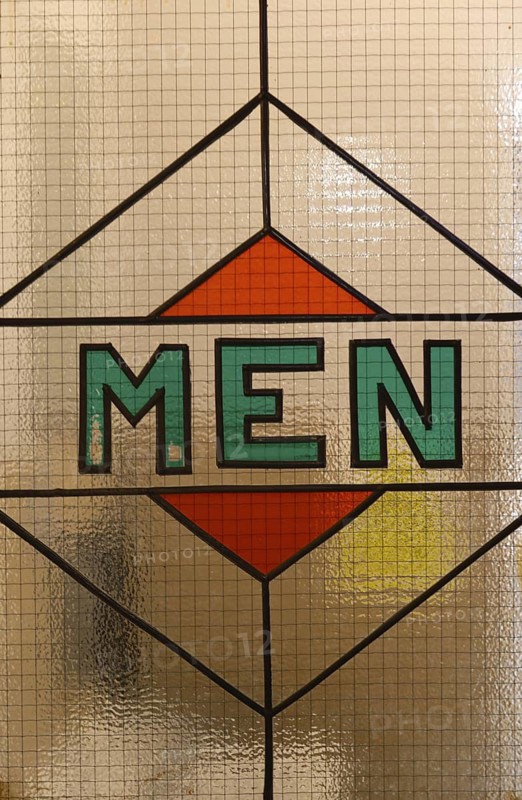 Vintage style stained glass Men, mens pub toilets, Liverpool, Merseyside, England, UK