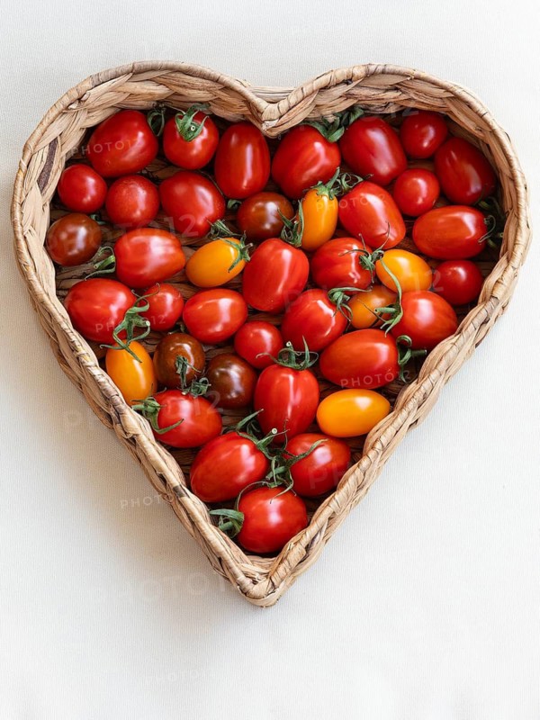Hearty freshness. Colourful mix of fresh and crunchy tomatoes in a heart basket