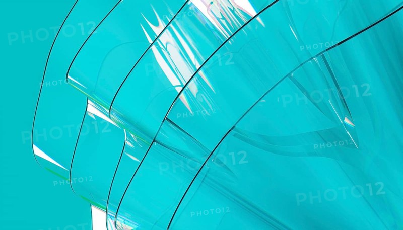 Abstract 3D render showcasing a vibrant crystal like structure with a smooth, glossy texture. the design features overlapping translucent layers against blue background, creating a modern and minimalist aesthetic
