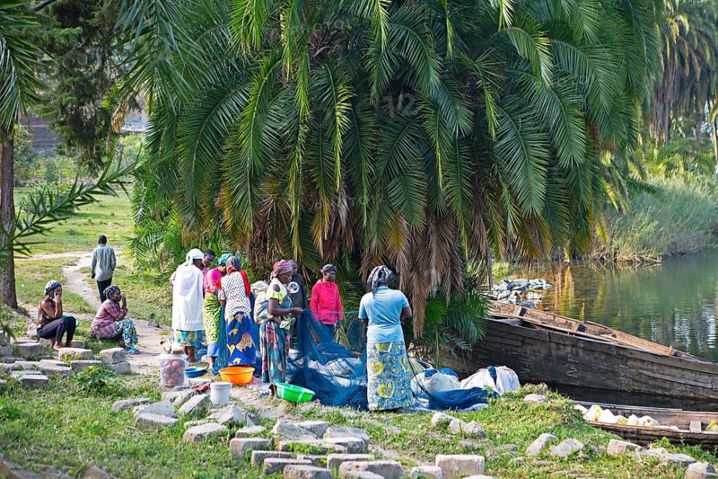 Rwandan men and woman free fishing nets from fish on the shores of Lake Kivu or Lake Kivu, Kibuye or Karongi, Rwanda