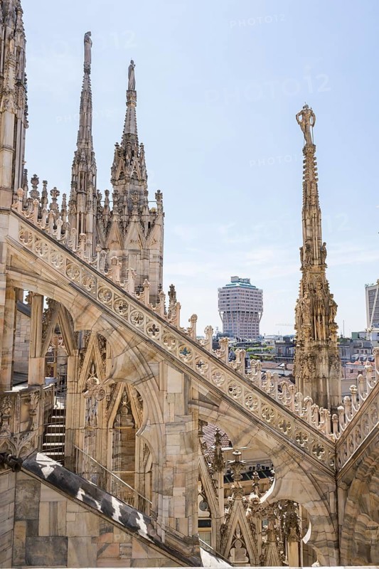 Details of the Milan Cathedral on a sunny day, Milan, Italy