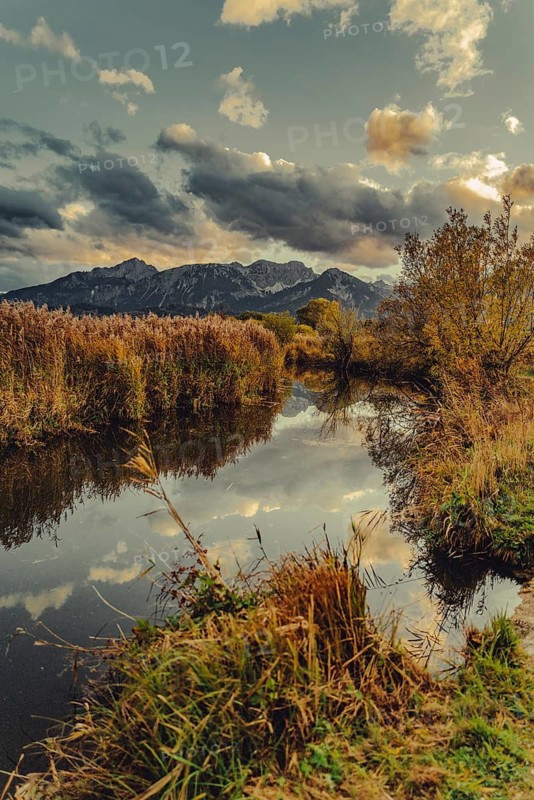 Lake Hopfensee in the Allgäu in autumn with warm sunset light against a picturesque Alpine backdrop, Bavaria, Germany