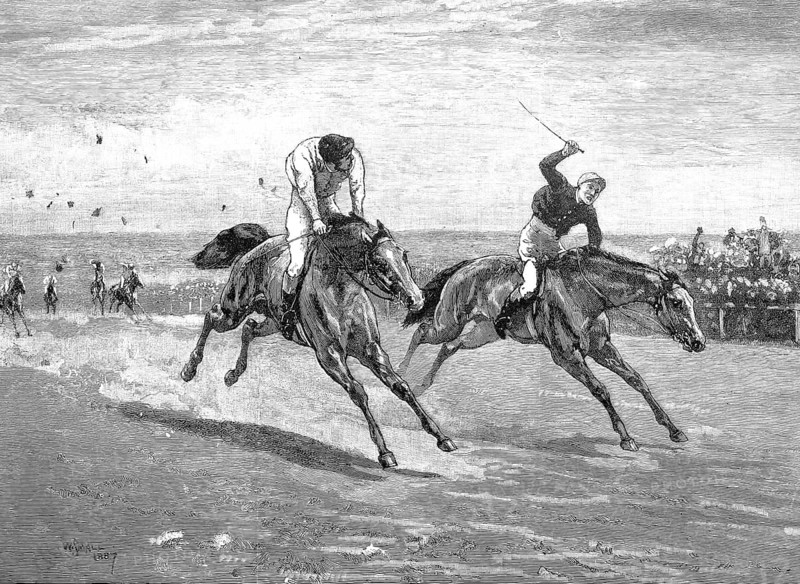 Horse racing, gallop racing, two jockeys with their horses in a duel in front of the finish line, 1890, illustration, reproduction from a 19th century model. Authentic, file restored for optimal use, exact date of submission unknown, Historic, Two jockeys riding racehorses in an intense race surrounded by an exciting atmosphere