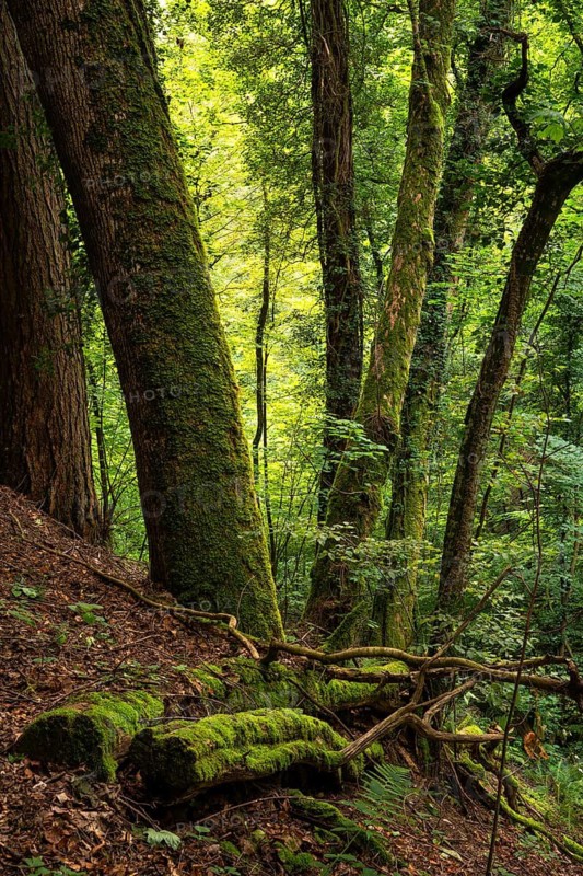 Forest and trees in the Wolfsschlucht (Wolf Gorge) in the Odenwald. Zwingenberg, Neckar-Odenwald district, Baden-Württemberg, Germany