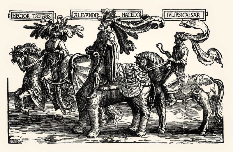 The Nine Heroes, Hector of Troy, Alexander of Macedon, Julius Caesar, c. 1520, by Lucas van Leyden, facsimile of the 19th century