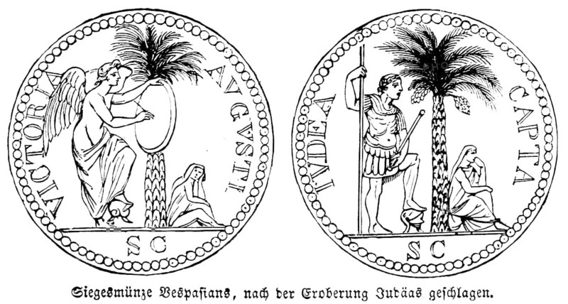 Vespasian victory coin struck after conquering Judea, Gospel of Luke, New Testament, Roman Emperor, coin, commemoration, remembrance, victory, Victoria, Roman warrior, palm tree, Judea Capta, inscription, Judea defeated, Bible, historical illustration 1850