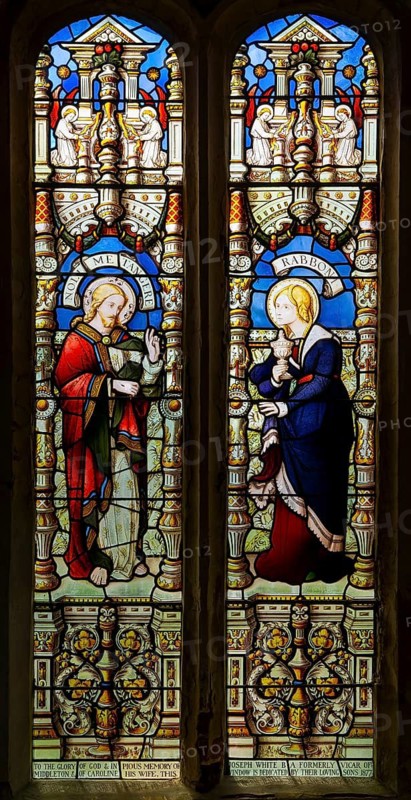 Stained glass window c 1877 by Lavers, Barraud and Westlake, Christ and Mary Magdelene, MIddleton church, Suffolk, Englan, d UK
