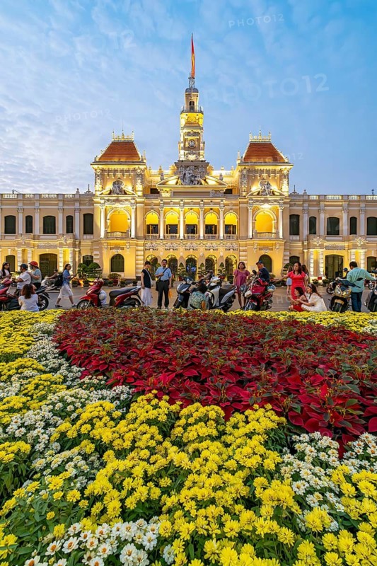 Ho Chi Minh City Hall lit up at night, Saigon, Vietnam