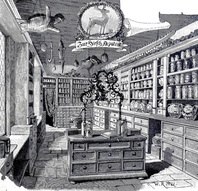 A pharmacy in 1890, Germany, illustration, reproduction from a model from the 19th century. Authentic, file restored for optimal use, exact date of submission unknown, historical