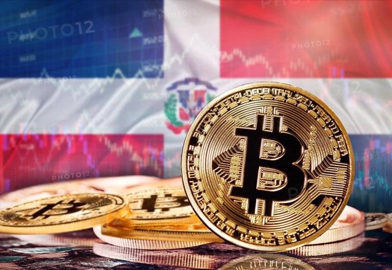 Bitcoin with Dominican Republic flag in the background. Investors in cryptocurrency and Blockchain Technology in Dominican Republic, Concept
