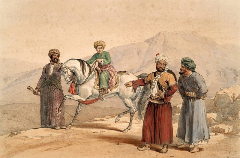 A nephew of Dost Mahomed Khan, Dost Mohammed (23 December 1793 in Kandahar, 9 June 1863 in Herat), on the famous horse, Afghanistan, after an illustration from 1838 by James Atkinson (1780-1852), Illustration, Reproduction from a 19th century original. Authentic, file restored for optimal use, exact date of original unknown, Historical, A young rider on a horse with companions in traditional dress in a desert landscape
