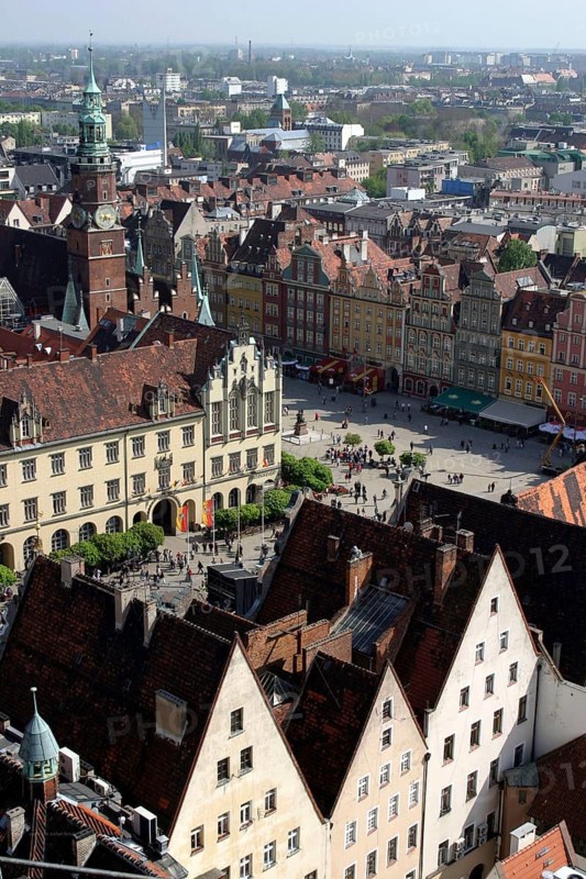 Wroclaw, POL, 30.04.2004 - View from the Elizabeth Church observation tower to the town hall on the market square in Wroclaw, Poland, Poland