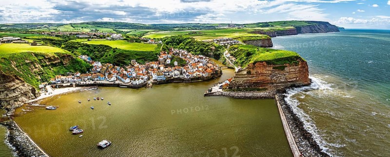 Staithes Village from a drone, North Yorkshire, North York Moors National Park, England, United Kingdom