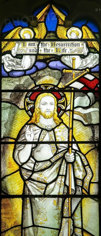 Detail of stained glass window Resurrection by Burlison & Grylls c 1880, Kelsale church, Suffolk, England, UK