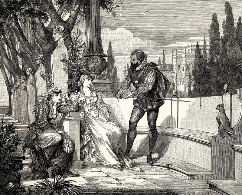 ACT I, SCENE III., Princess, Leonora, Alphonso, Tasso with a volume bound in parchment, scene from Torquato Tasso, a play by Johann Wolfgang von Goethe