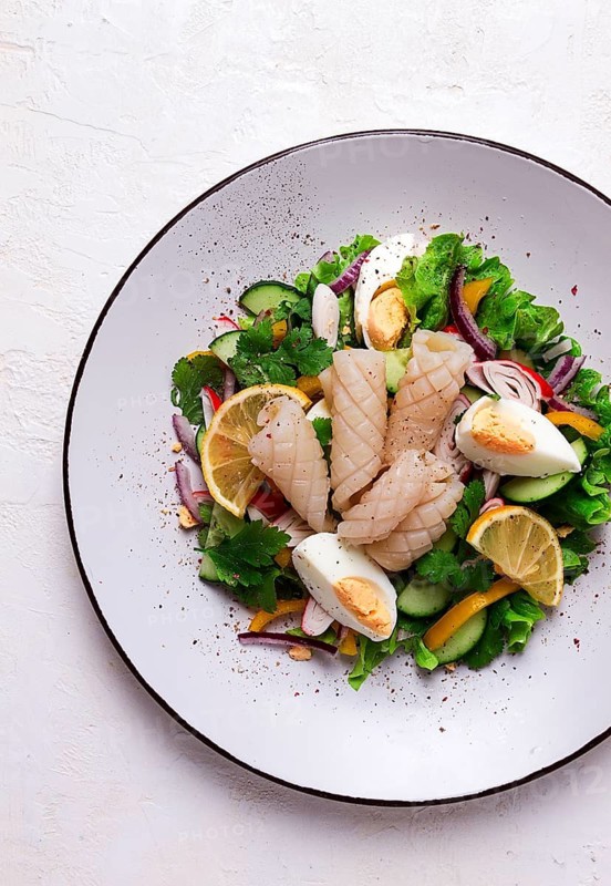 Salad of squid and vegetables, with egg, homemade, no people