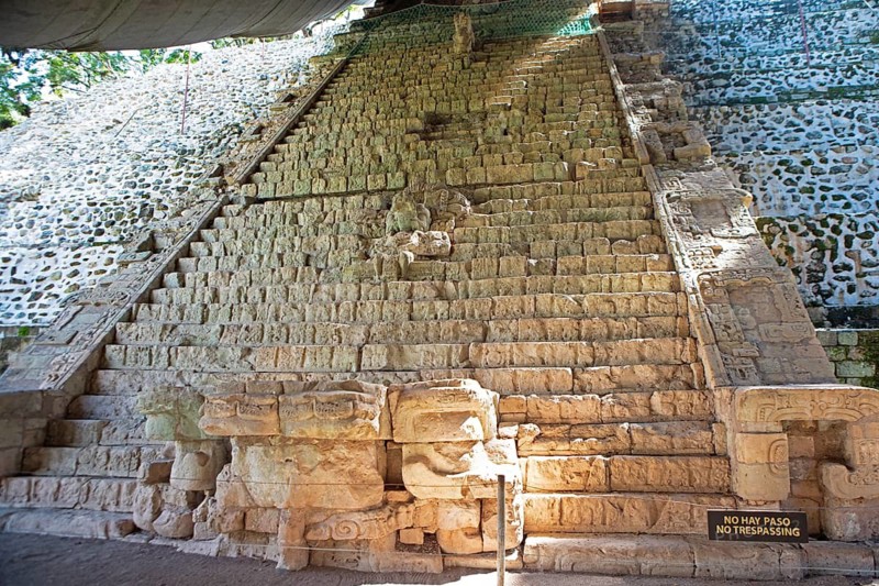 Hieroglyphic staircase at Copán archaeological site, Mayan ruined city in the rainforest or jungle, Copán Department, Honduras