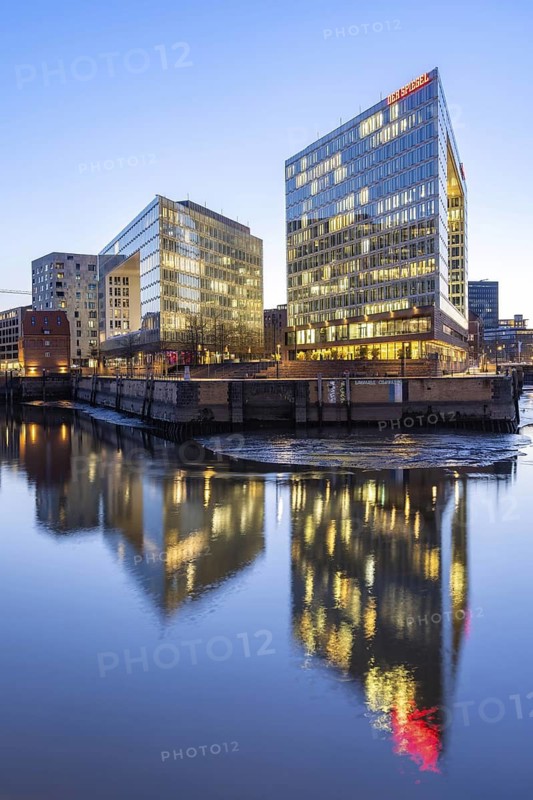Mirror House on Ericusspitze at Blue Hour with Reflection in the Fleet, Hamburg, Germany