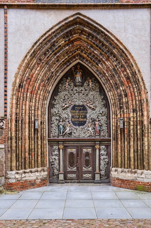 Richly decorated west portal of the Nikolaikirche Hanseatic City of Stralsund, Mecklenburg-Western Pomerania, Germany