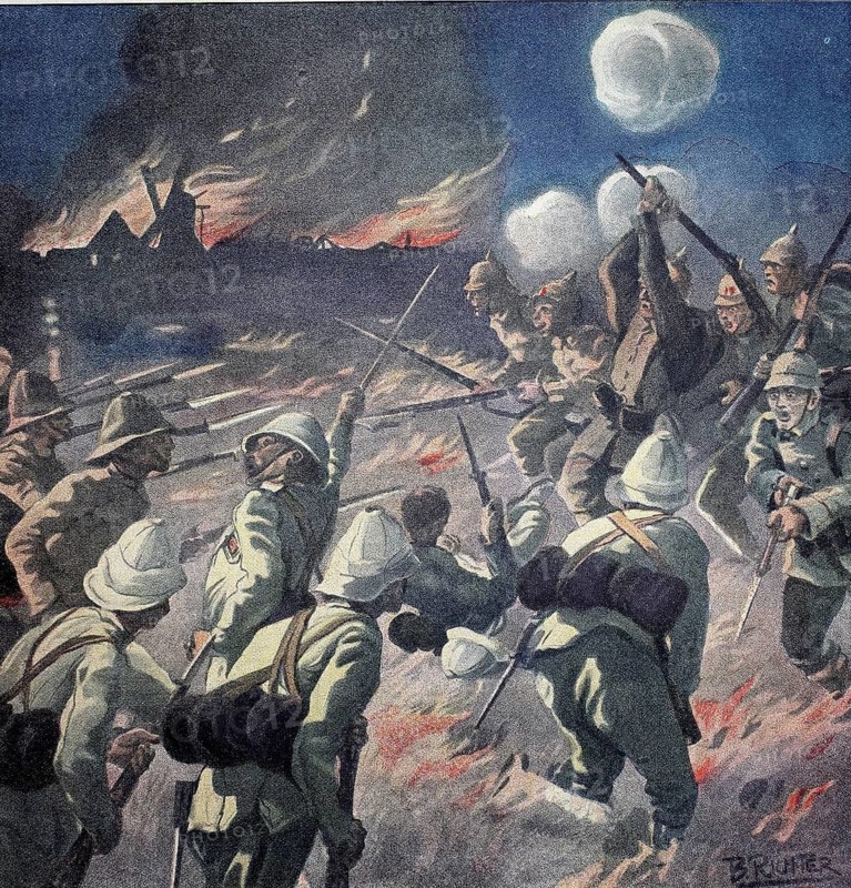 1st World War, night attack by German troops on a fortified British position near Langemarche (original text from 1915, original colouring), illustration, reproduction from a 19th century original. Authentic, file restored for optimal use, exact date of original unknown, historical, soldiers fighting under moonlight in a chaotic night attack scene