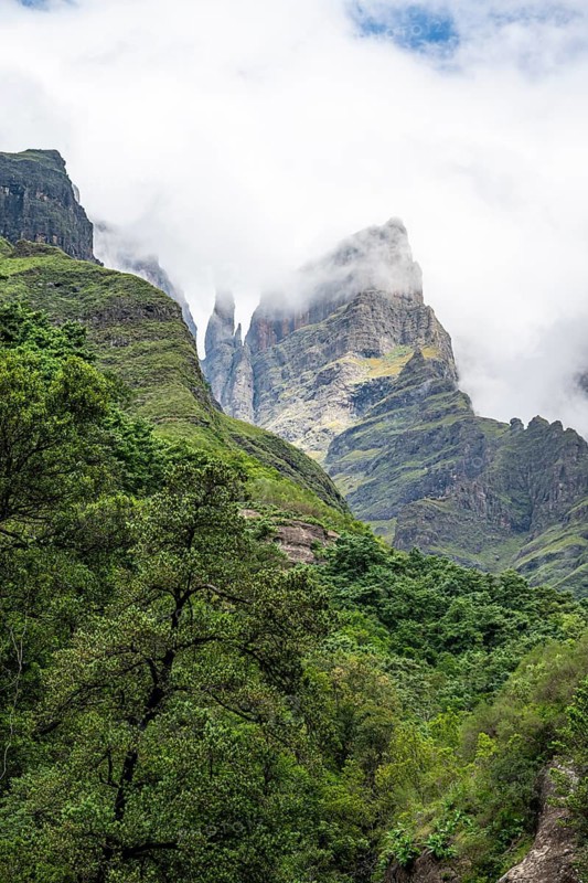Landscape with mountains and fog, Drakensberg National Park, KwaZulu Natal, South Africa