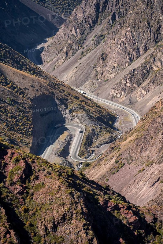 Koshoy Ata mountain pass, serpentine road through mountains, Kyrgyzstan
