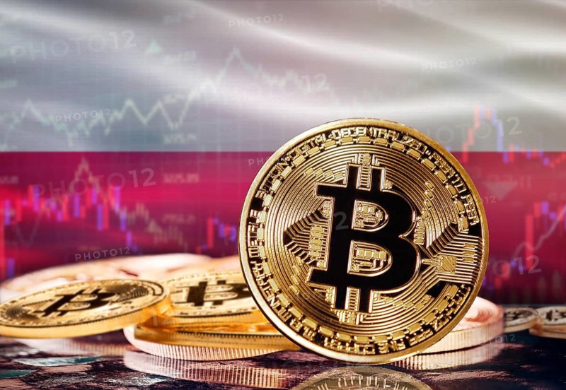Bitcoin with Poland flag in the background. Investors in cryptocurrency and Blockchain Technology in Poland, Concept