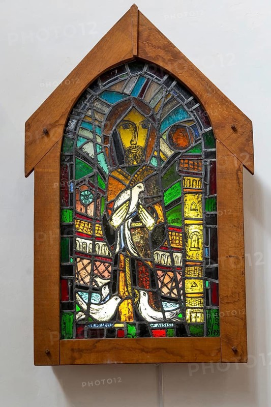 Modern stained glass artwork St Francis of Assisi by Greg Tricker 2010, church of Saint Stephen, St Stephen's church, Bristol, England, UK