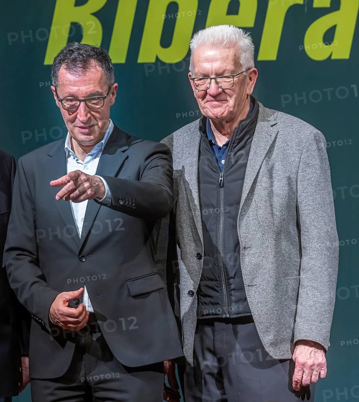Cem Özdemir, Winfried Kretschann. Political Ash Wednesday of the Green Party in Biberach. In focus: election campaign for the state election on March 8 with leading candidate Cem Özdemir. Biberach, Baden-Württemberg, Germany