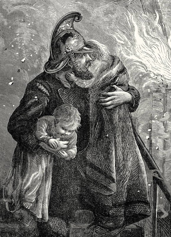 A firefighter is rescuing two children, Hatton Garden, City of London, 1844