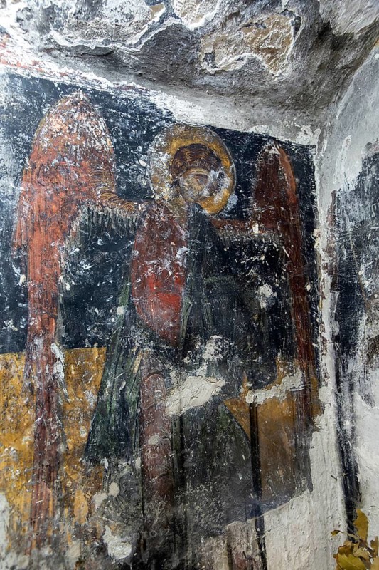 Ancient religious mural painted on wall, Greek Orthodox church of the Virgin Mary, Apollonia Archaeological Park, Pojan, Albania