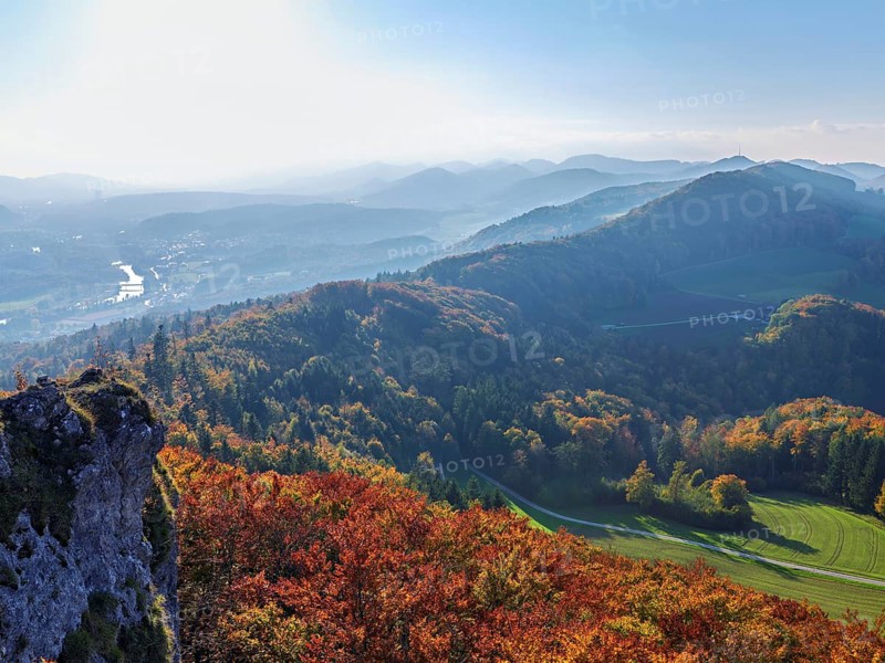 View of an autumnal forest from the Gisliflue, behind the Jurassic foothills with the Wasserfluh, Talheim, Canton, Aargau, Switzerland