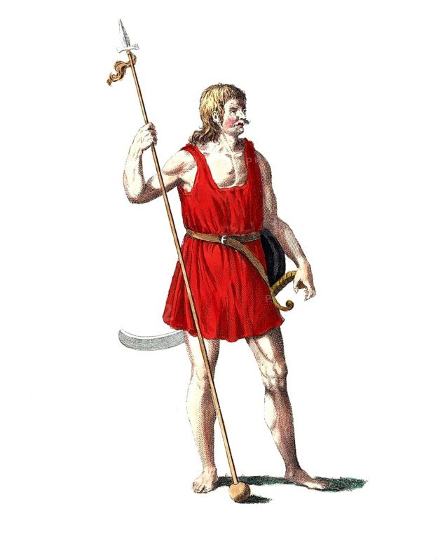 Historical clothing, fashion over time, clothing of a Caledonian in the Middle Ages, ancient people in Scotland, digitally restored reproduction of a model from the 18th/19th century, exact date unknown, A muscular warrior in a red robe with spear and sword