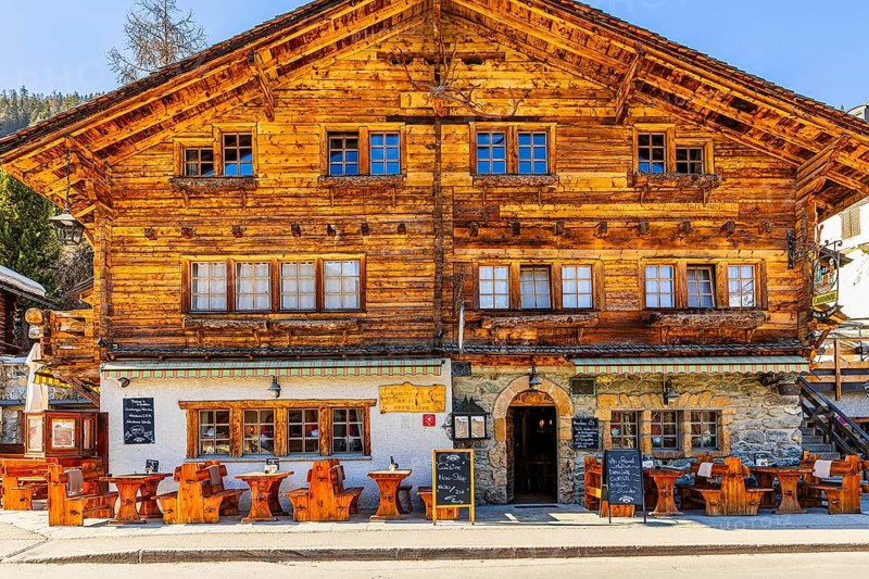 Historic Becs de Bosson restaurant, outdoor seating, Grimentz, Val d'Anniviers, Valais Alps, Canton of Valais, Switzerland