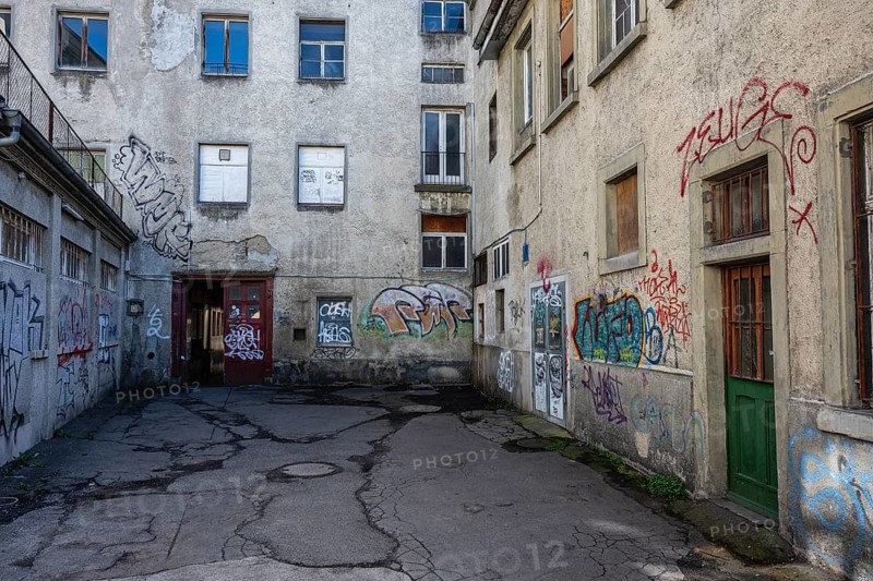 Dilapidated backyard in neglected and abandoned surroundings in downtown Constance with graffiti, symbolic image of vacancy, living space, scarcity, lost place, housing market, Constance, Konstanz district, Baden-Württemberg, Germany
